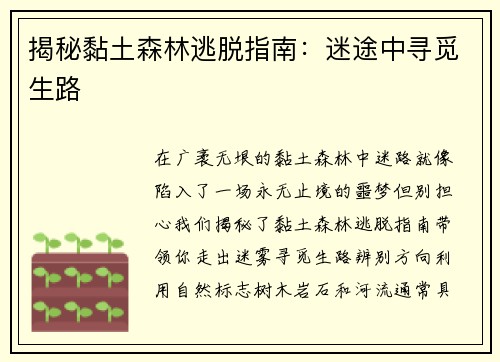 揭秘黏土森林逃脱指南：迷途中寻觅生路